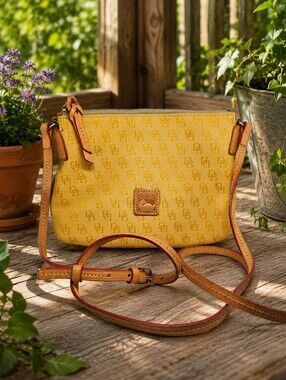 Dooney & Bourke Yellow Signature Crossbody Pouch with Tan Leather Trim